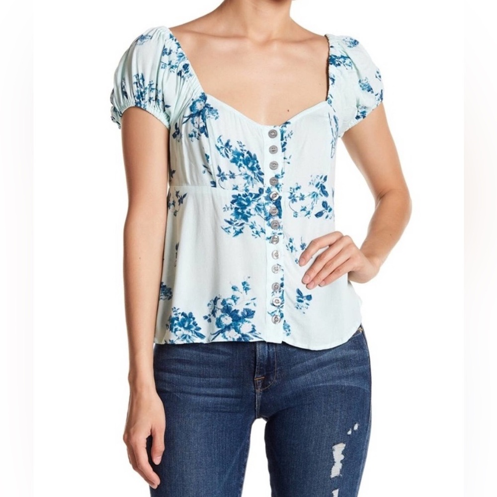 Free People Floral Blue Women's Top